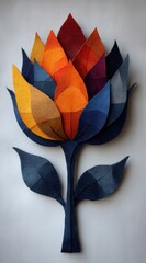 Felt flower in warm hues.
A felt flower with a thick blue stem and leaves sits on a white background. The petals are arranged in a gradient from yellow to red