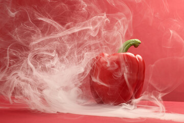 Capsicum bell pepper smoke fume vapour red yellow on red background