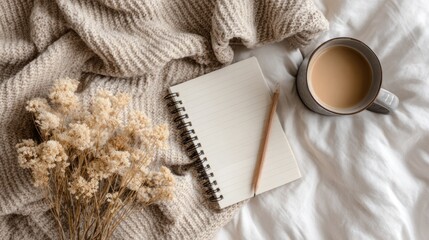 Cozy flatlay featuring a beige knitted blanket, a notepad with pencil, a mug of creamy beverage, and a bouquet of dried flowers on white linen