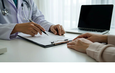 Healthcare professional providing medical advice and discussing a diagnosis from a clipboard with a patient in a clinic
