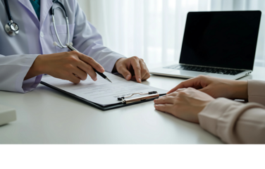 Healthcare professional providing medical advice and discussing a diagnosis from a clipboard with a patient in a clinic