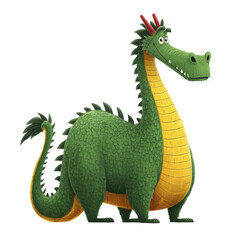 Fototapeta premium A whimsical green dragon with yellow scales and red horns stands with a curious expression