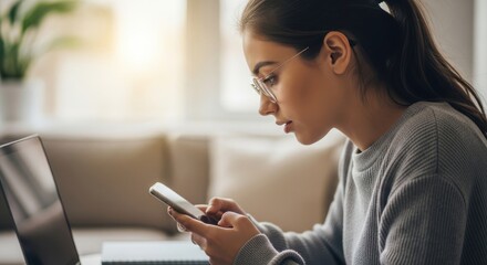 Young woman engaged with smartphone during work or study session indoors