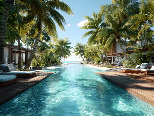 Fototapeta premium Tropical resort with palm trees and swimming pool