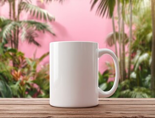 Blank white mug on a weathered wood surface. Lush tropical foliage blurs behind against a vibrant pink wall bathed in sunshine