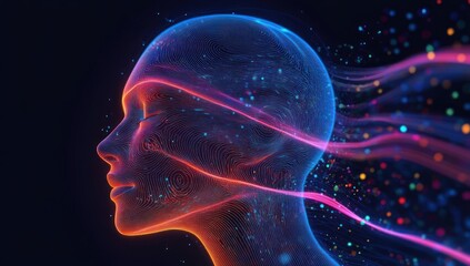 Profile of a human head made of glowing digital lines and colorful light streaks symbolizing technology and consciousness