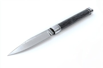 Sharp fixed-blade knife with a textured dark handle and a metallic bolster on a white background