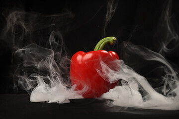 Capsicum bell pepper smoke fume vapour red yellow on black background