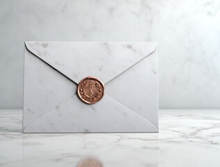 Marble envelope, sealed with a copper-toned seal bearing an emblem, rests upon a matching marble surface against a soft, blurred background