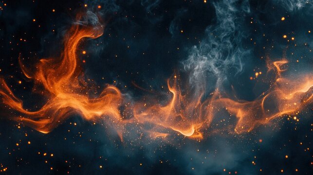 Abstract swirling orange smoke and glowing particles against a dark smoky background creating a dynamic and fiery atmosphere