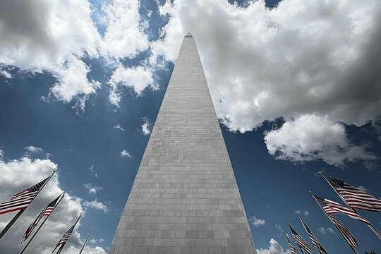 Tall stone obelisk monument towering upward under partly cloudy sky surrounded by multiple waving flags with red, white, and blue stripes - Powered by Adobe
