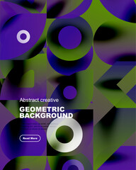 Vibrant geometric shapes overlap, creating dynamic purple, green gradients. Text promotes abstract creative background design.