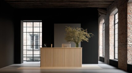 Minimalist interior featuring a sleek wood reception desk, set against dark walls and exposed brick, lit by natural light from tall windows
