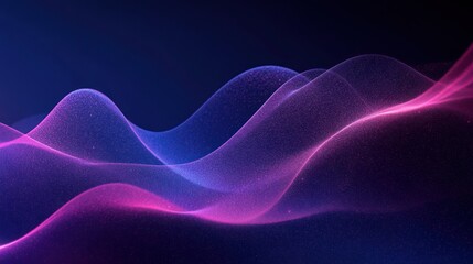 Abstract flowing wave shapes with glowing particles in purple and pink hues on dark blue background, creating a smooth and dynamic futuristic effect