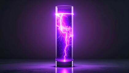A luminous purple lightning bolt is contained within a clear glass cylinder, resting on a dark, reflective surface against a blurred, dark background