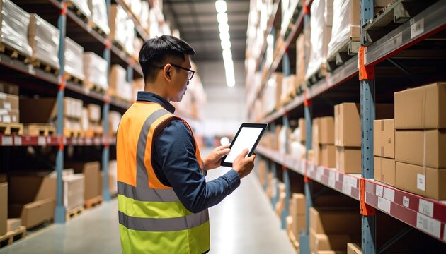 Warehouse Inventory Tracking Scene with Person Scanning Stock via Tablet Among Organized Shelves and Clear Space for Custom Text or Branding