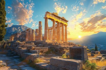 Fototapeta premium Ancient stone temple ruins illuminated by golden sunlight during a vibrant sunset with dramatic clouds and mountainous landscape in the background