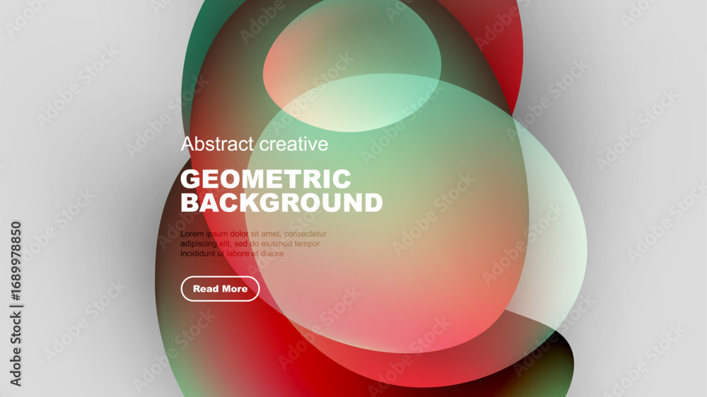 Poster abstract geometric background features overlapping colorful shapes. text block present with read mor