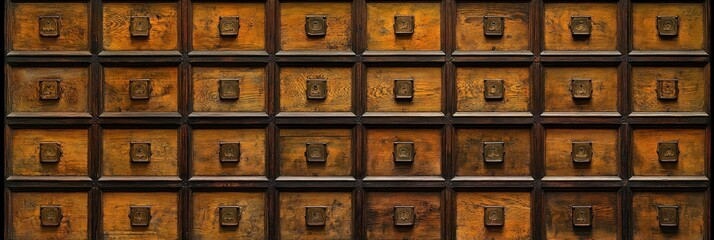 Close-up view of a vintage wooden apothecary cabinet with multiple small square drawers and metal handles in a grid pattern
