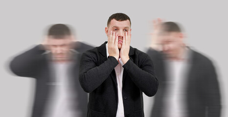 Central man displays disappointment and desperation amid blurry anger and madness. Concept of...