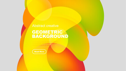 Vibrant fluid shapes overlap, creating dynamic colorful background. Modern design elements suggest creativity, energy, motion.