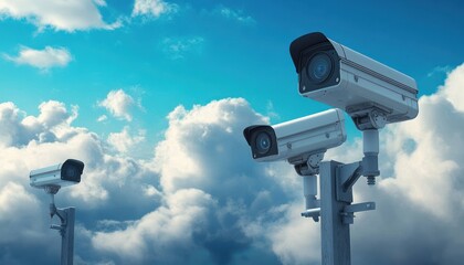 Three security cameras mounted on poles under a blue sky with fluffy clouds, evoking a sense of surveillance and vigilance