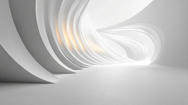 Bright white modern architectural interior with sweeping curved walls forming an abstract tunnel with soft lighting and open space, evoking calm and futuristic atmosphere