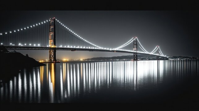 Illuminated suspension bridge glowing at night with bright lights reflecting on calm water under a dark sky