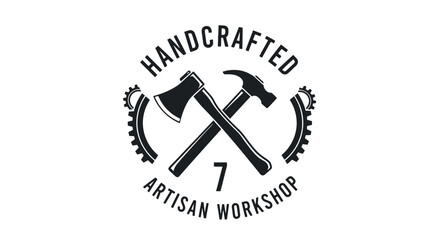 Rustic monochrome logo for a handcrafted workshop featuring a crossed axe and hammer framed by gears.