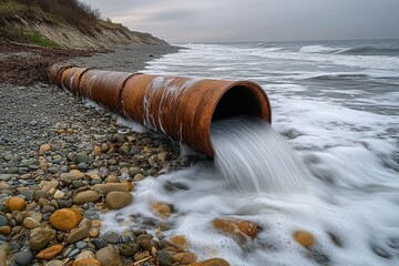 Rusty large pipe discharging water onto rocky beach under overcast sky by a shoreline with gentle waves