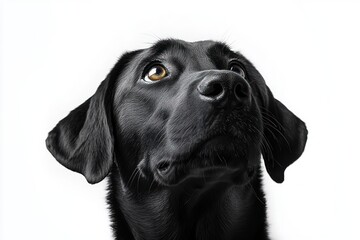 close-up of a black dog looking upward with attentive and curious expression against a white background