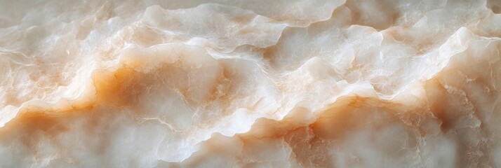 Close-up view of translucent white and orange layered natural stone with wavy texture and subtle crystalline patterns