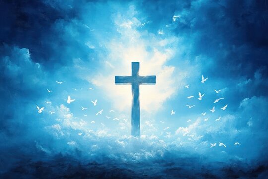 A glowing cross surrounded by white birds flying in a bright blue sky filled with clouds, evoking a sense of peace and spirituality - Powered by Adobe