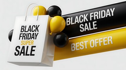 Black friday super sale and best offer text on a yellow and black banner with a shopping bag and balloons, symbolizing retail
