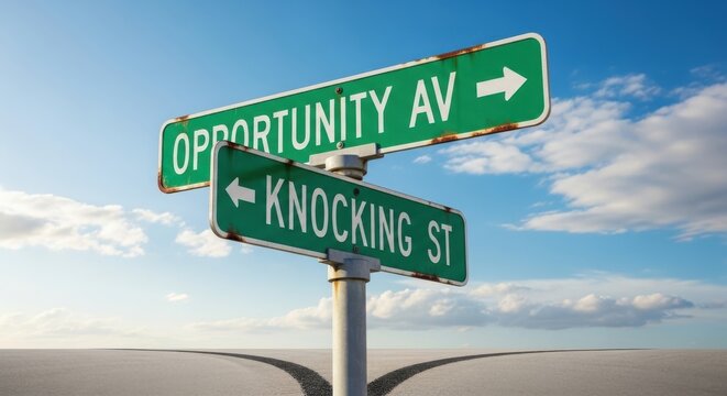 Street sign pointing to opportunity avenue and knocking street with clouds and road ahead