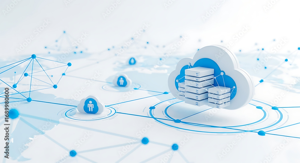 Poster a digital representation of cloud computing with server stacks and network connections visualized we