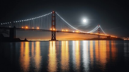 Fototapeta premium Illuminated suspension bridge at night with bright full moon reflecting on calm water creating a serene and majestic atmosphere