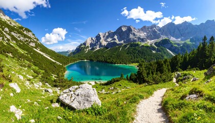 Panoramic alpine lake view