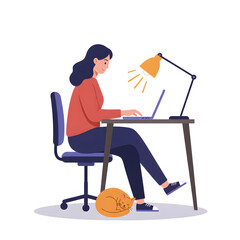 Fototapeta premium A woman focused at work, typing on a laptop while a cat sleeps nearby. The scene portrays productivity and domesticity under the warm glow of a desk lamp. 