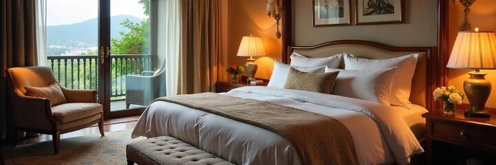Indulge in opulent comfort  A plush king-size bed with luxurious linens, soft lighting, and elegant d?cor create a serene and sophisticated sleep sanctuary , king-size bed, chandelier