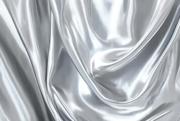 Silvery, lustrous cloth drapes in soft, flowing folds, creating a luxurious and elegant background. Light glints off its smooth, shimmering surface