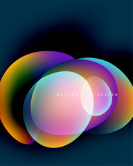 Abstract colorful overlapping circles create vibrant visual effect. Dark background enhances luminosity, modern design element.