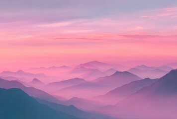 Fototapeta premium Layers of blue hills are covered with pink mist and clouds creating a serene, peaceful atmosphere during dusk or dawn