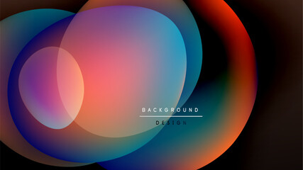 Abstract colorful overlapping circles. Gradient hues blend, creating dynamic visual effect. Dark background enhances vibrancy. Modern design element.