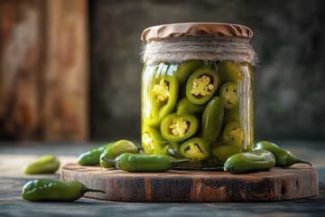 Glass jar filled with sliced green jalapeño peppers placed on a round wooden board surrounded by whole fresh jalapeño peppers on a rustic table