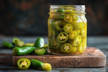 Glass jar filled with sliced pickled green jalapeño peppers on wooden chopping board with whole and sliced fresh jalapeños scattered around