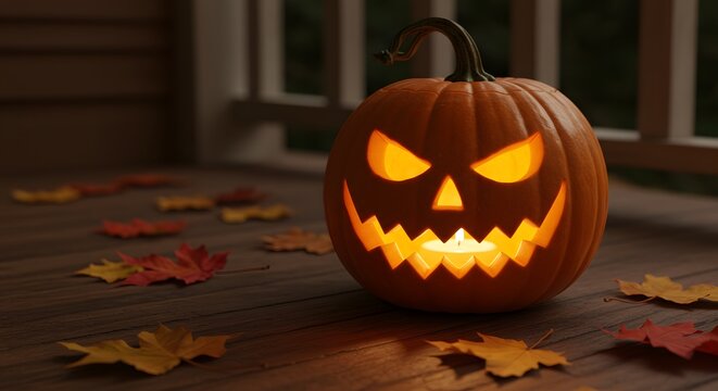 A glowing jack-o'-lantern with a menacing face sits on a wooden porch, surrounded by fallen autumn leaves.