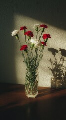 Sunlight falls on a vase filled with red and white carnations, casting shadows on the wall and table, with a warm and inviting ambiance