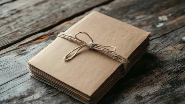 Bundle of brown paper envelopes tied with twine on wooden table