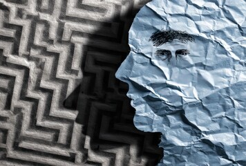 An abstract composition featuring a crumpled paper human head profile set against a stark, contrasting maze pattern, evoking themes of complexity and thought